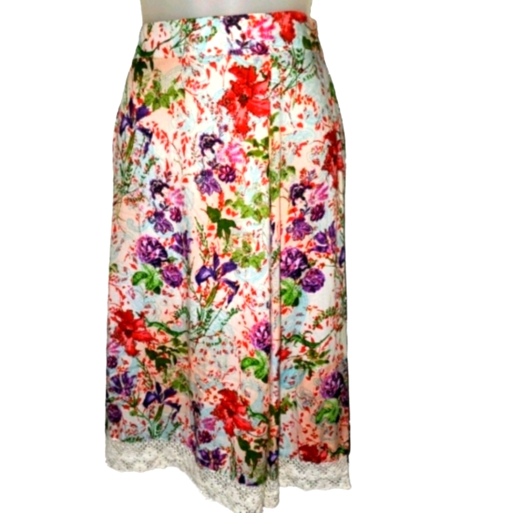Boca Bay Floral Skirt White Lace Colorful Red Purple Pink Flowers 100% Cotton